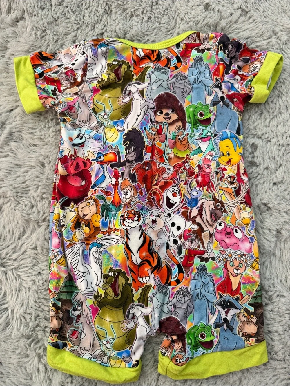 Bamboo - Neon Lime Trim Kids One-Piece Romper with Colorful Disney Print
